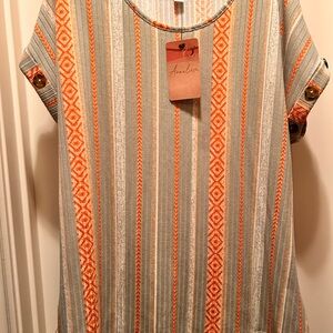Women's Geometric Striped Short Sleeve Top - Orange and Gray